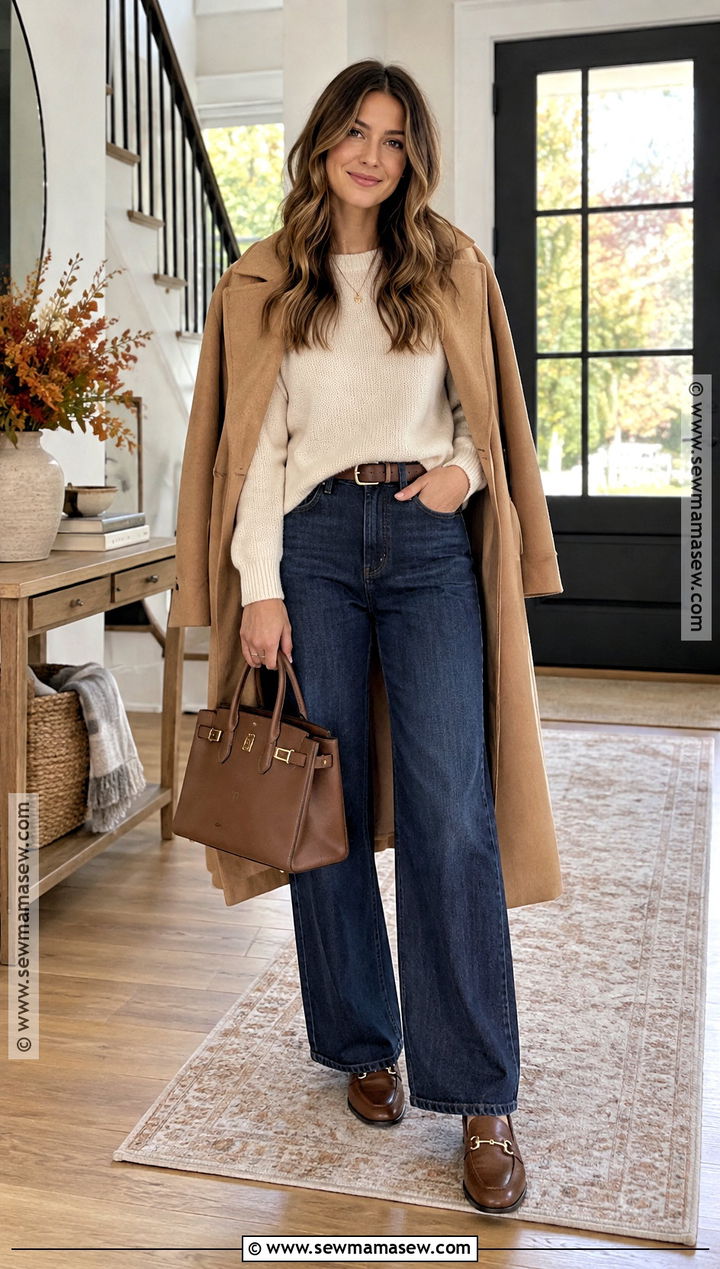 Sweater With Wide Leg Jeans and Loafers - 25 baby shower outfit for guest fall casual ideas