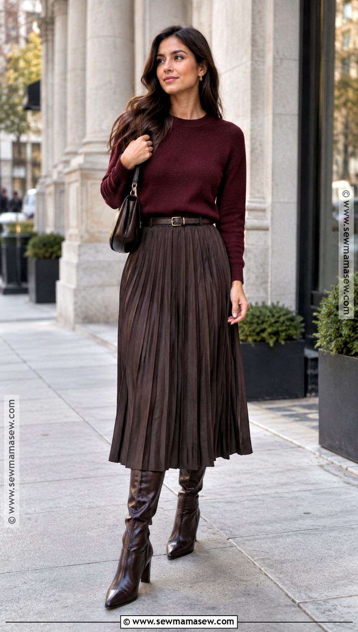 Sweater and Pleated Midi Skirt Fall Office Outfit - 15 office outfits women 2026 fall