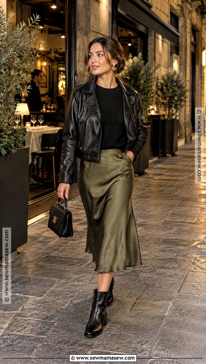 Sweater and Satin Midi Skirt Evening Outfit - 20 spain in october outfits
