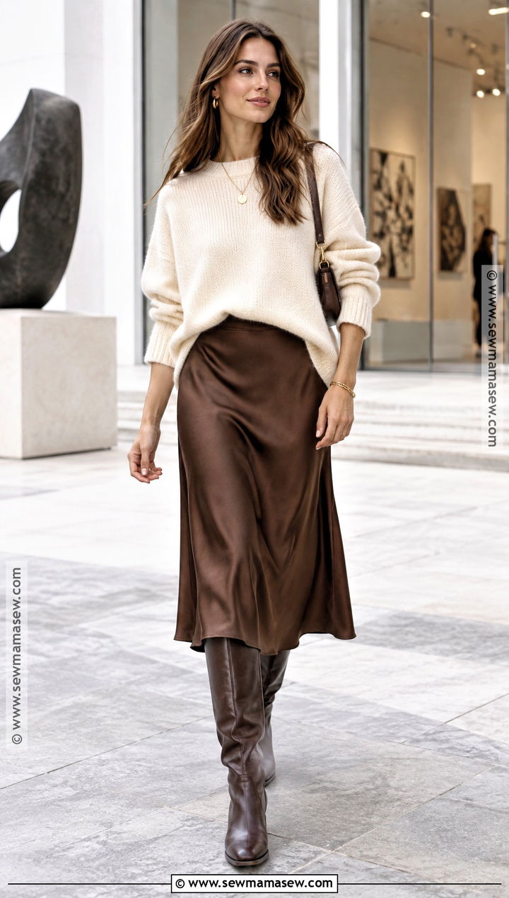 Sweater and Satin Midi Skirt Fall Outfit - 15 Fall Outfits 2026 Comfy