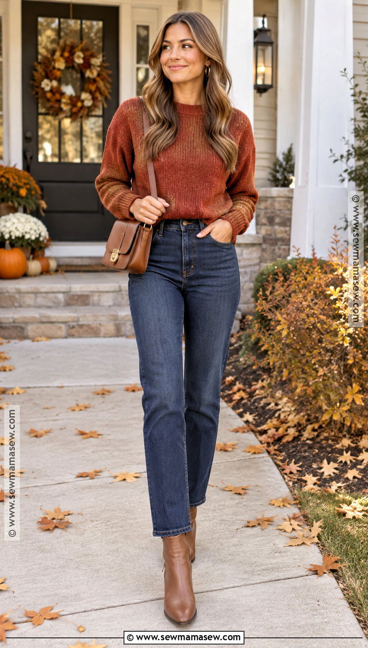 Sweater and Straight Leg Jeans Thanksgiving Outfit - 25 thanksgiving day outfits for women