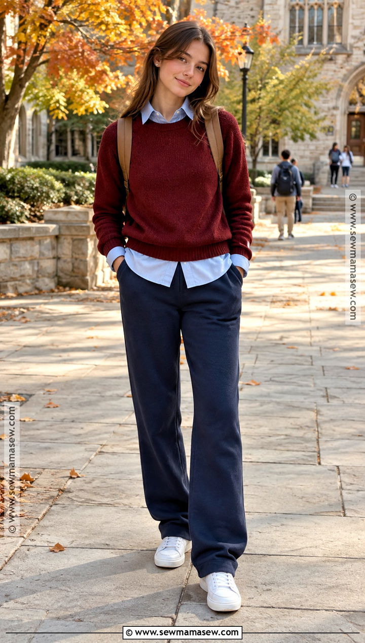Sweatpants With Button Down Shirt And Crewneck Sweater - 15 sweatpants outfit for school fall ideas