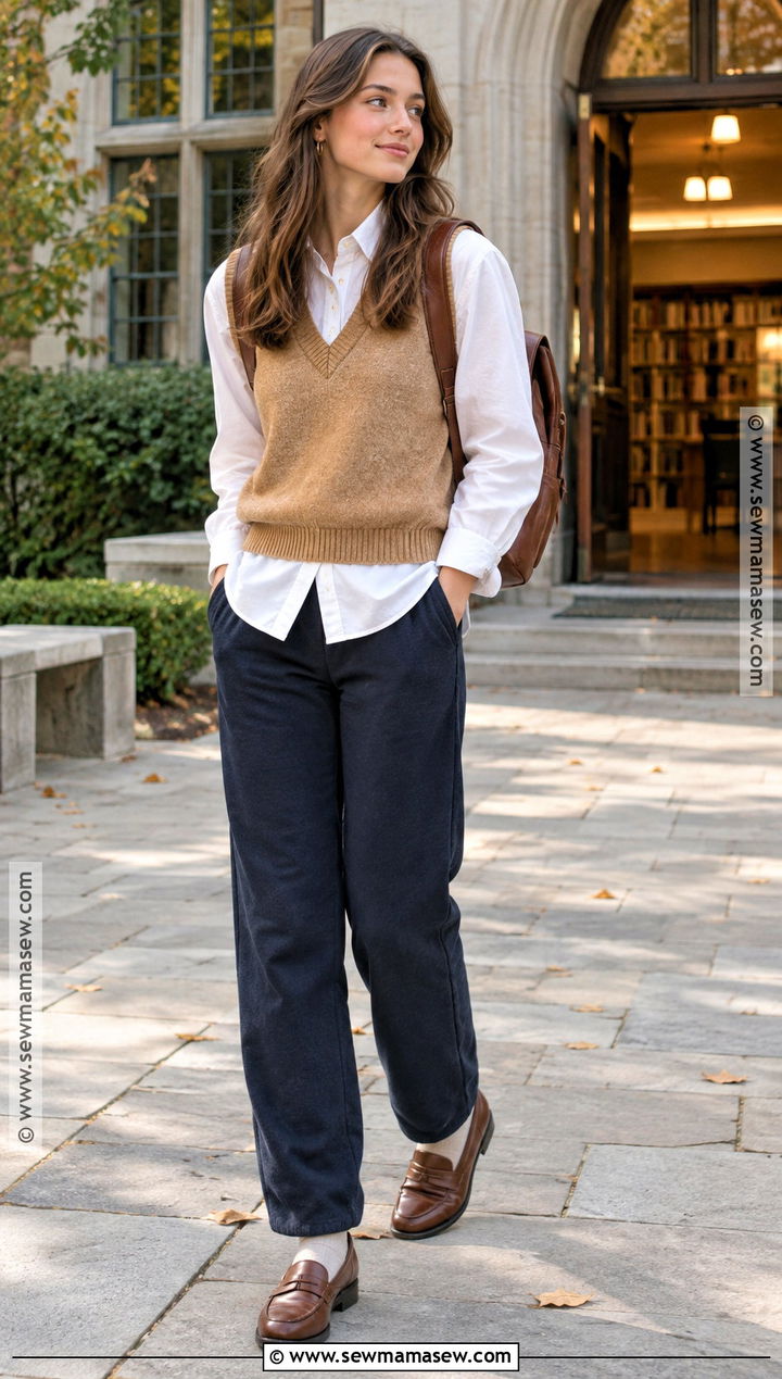 Sweatpants With Button Down Shirt And Sweater Vest - 20 sweatpants outfit fall ideas