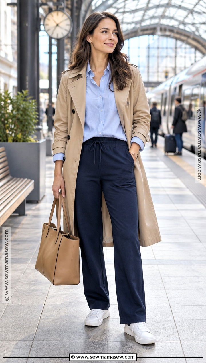 Sweatpants With Button Down Shirt And Trench Coat - 20 sweatpants fall outfit ideas