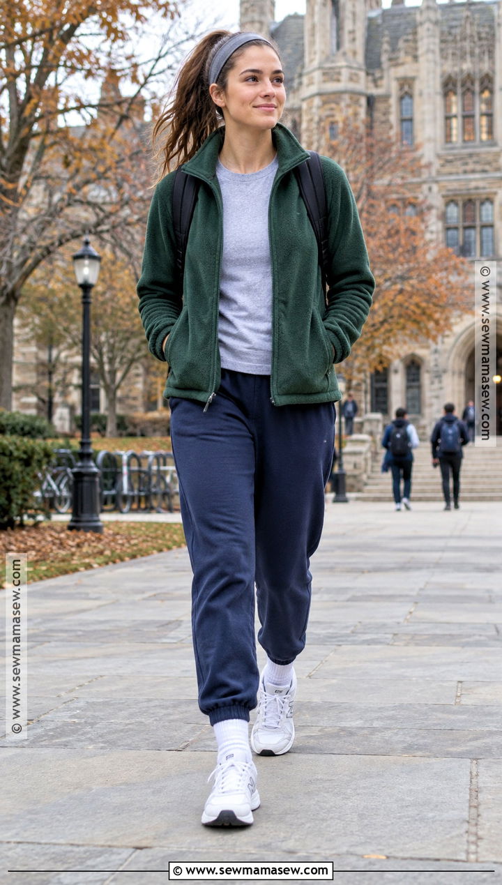Sweatpants With Fleece Jacket And Running Shoes - 15 sweatpants outfit for school fall ideas