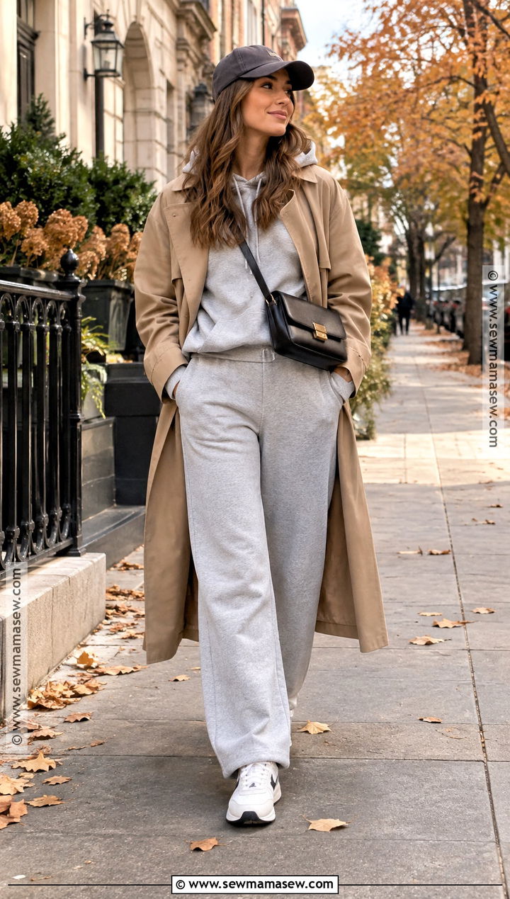 Sweatpants With Hoodie And Trench Coat - 20 sweatpants outfit fall ideas