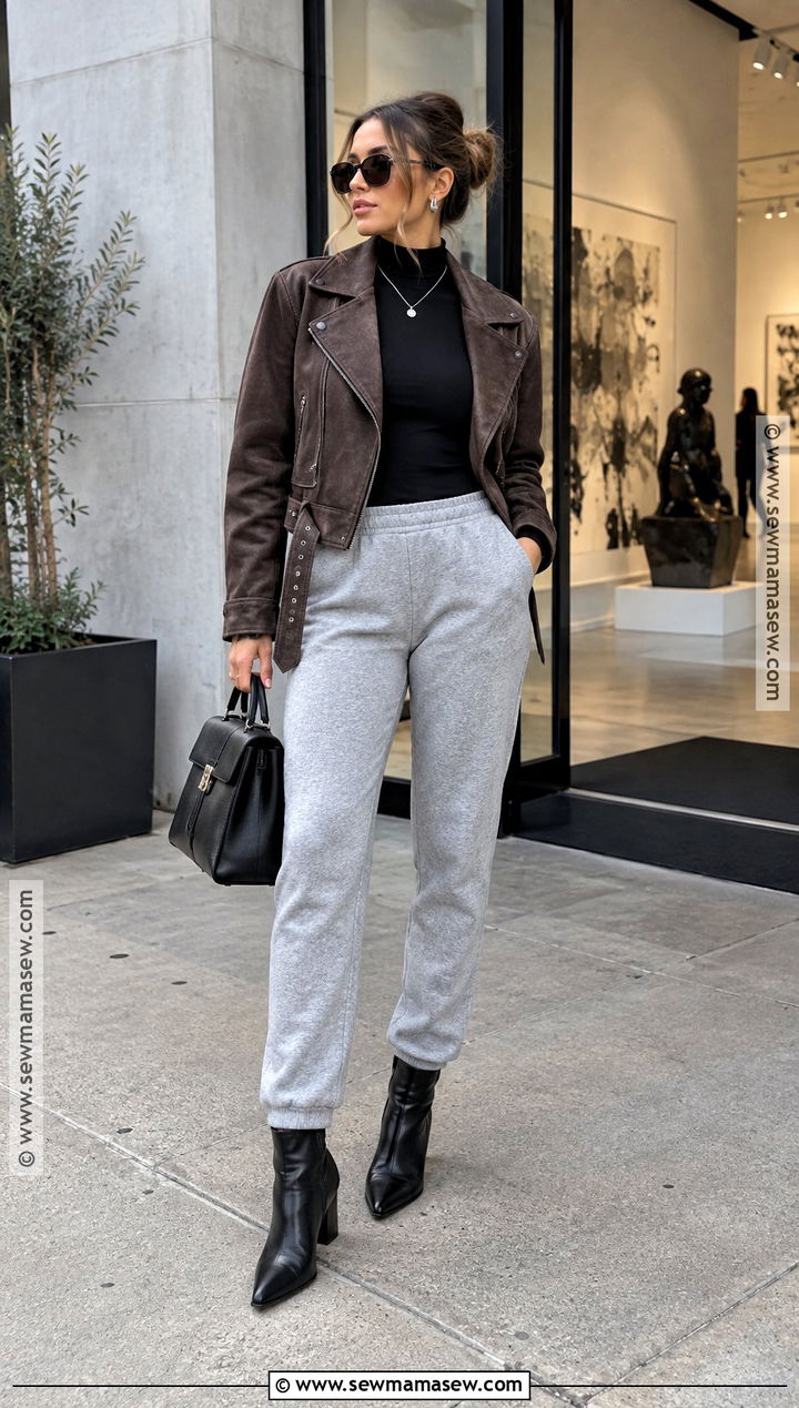 Sweatpants With Moto Jacket And Ankle Boots - 20 sweatpants outfit fall ideas