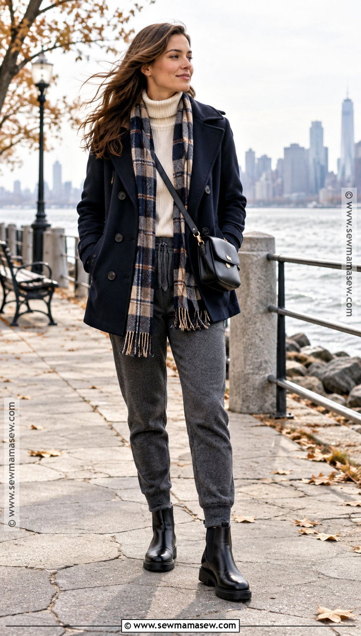 Sweatpants With Peacoat and Ankle Boots - 25 Fall Outfits Sweatpants