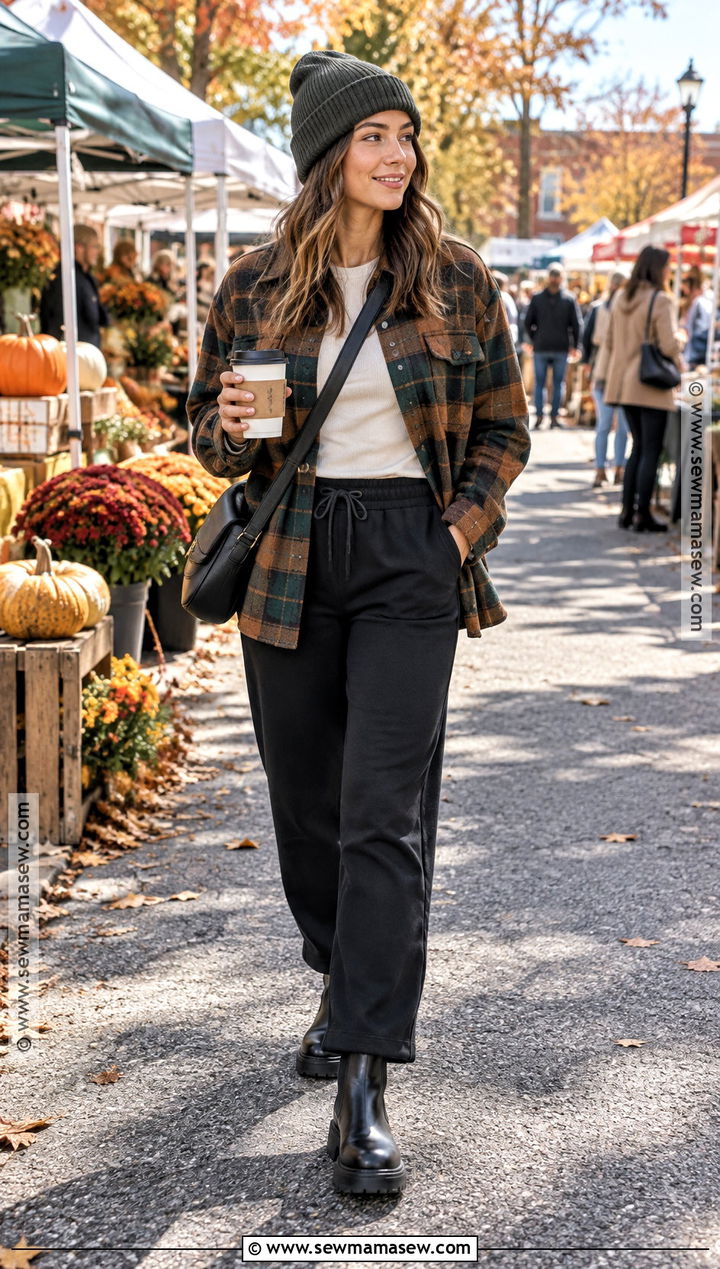 Sweatpants With Plaid Overshirt And Chelsea Boots - 20 sweatpants fall outfit ideas