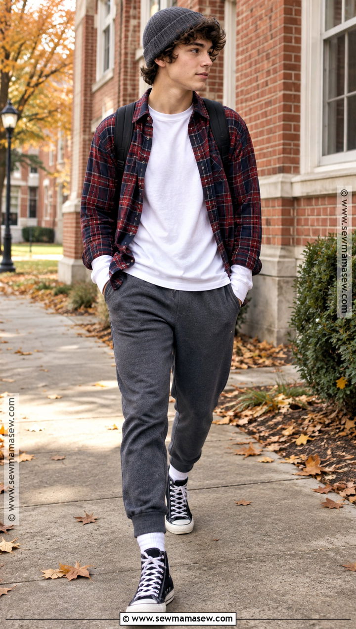 Sweatpants With Plaid Overshirt And High Top Sneakers - 15 sweatpants outfit for school fall ideas
