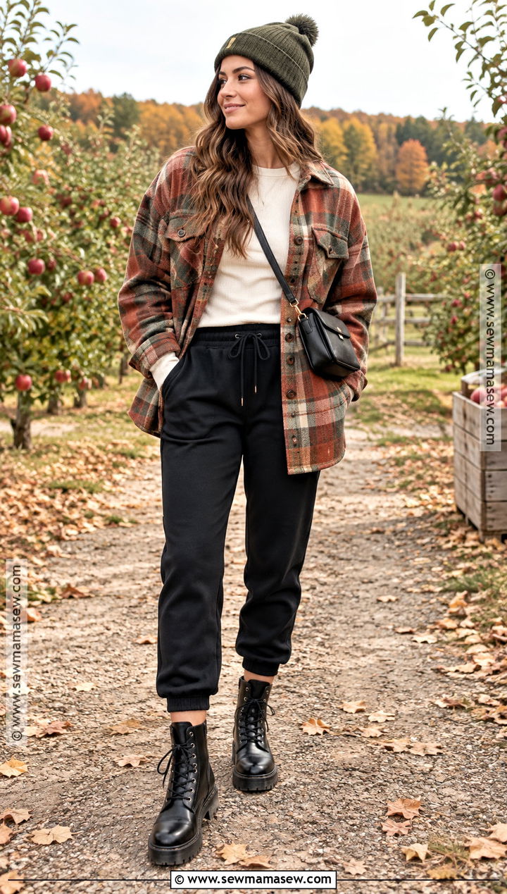 Sweatpants With Plaid Shacket - 25 Fall Outfits Sweatpants