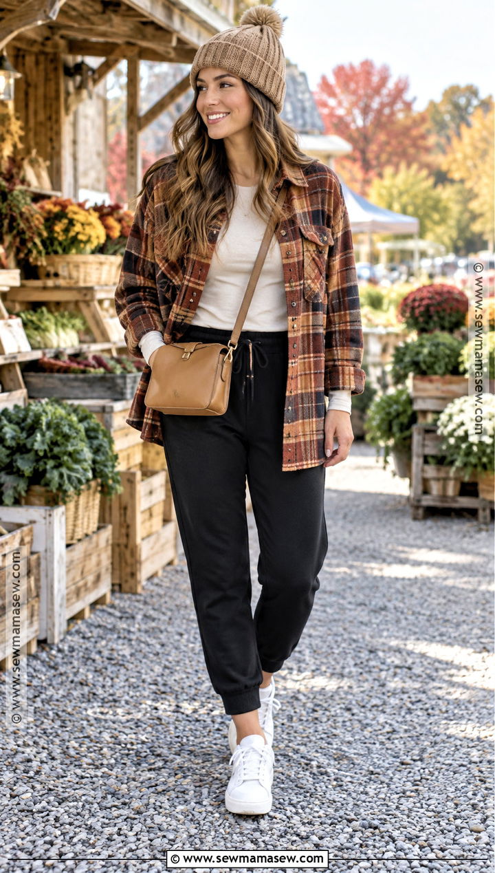 Sweatpants With Plaid Shacket - 25 fall sweatpants outfits
