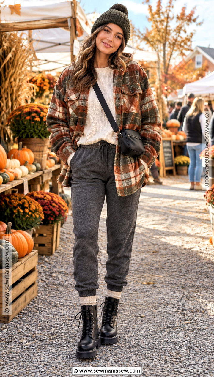 Sweatpants With Plaid Shacket And Boots - 20 sweatpants outfit fall ideas