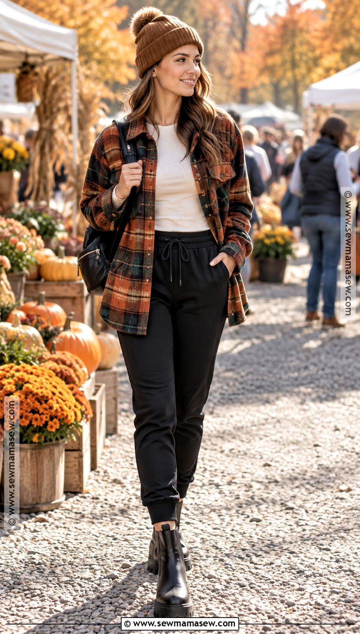 Sweatpants With Plaid Shacket - 15 autumn sweatpants ideas
