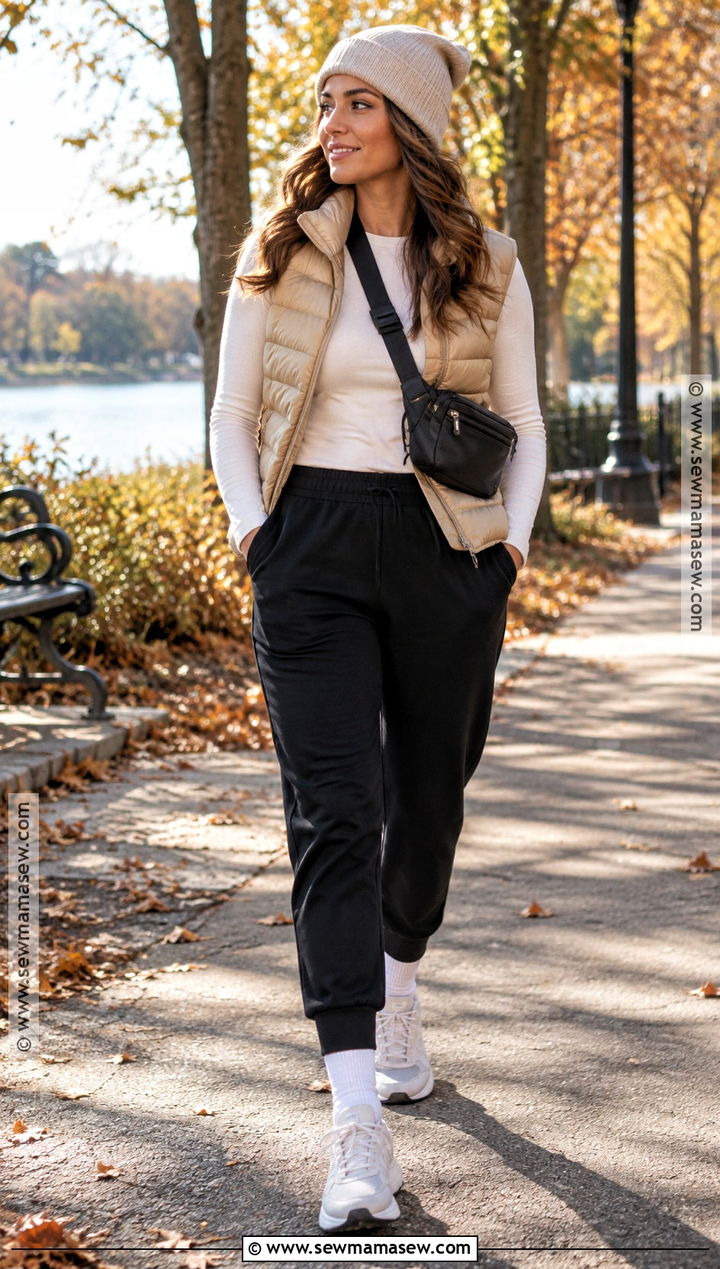 Sweatpants With Puffer Vest And Sneakers - 20 sweatpants outfit fall ideas