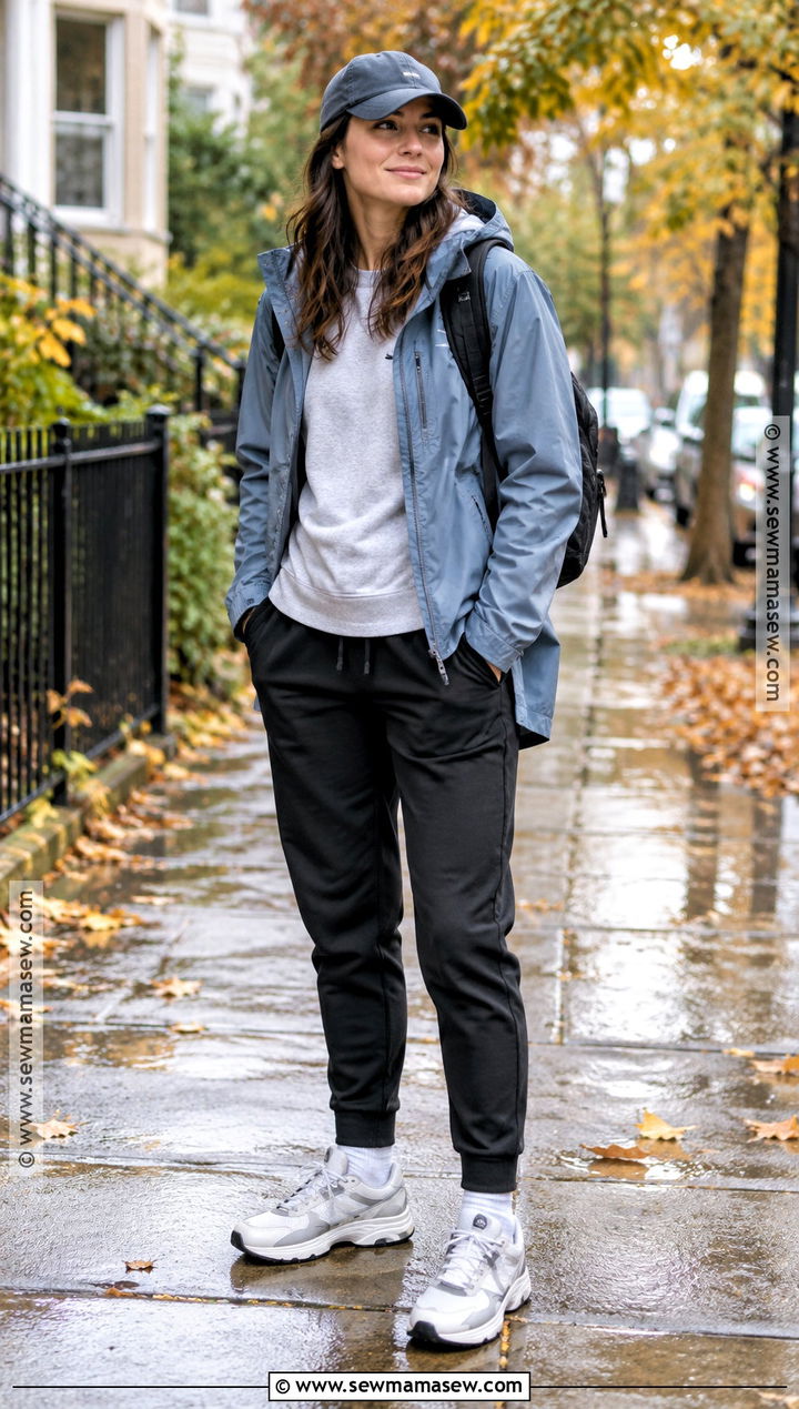 Sweatpants With Rain Jacket And Waterproof Sneakers - 20 sweatpants outfit fall ideas