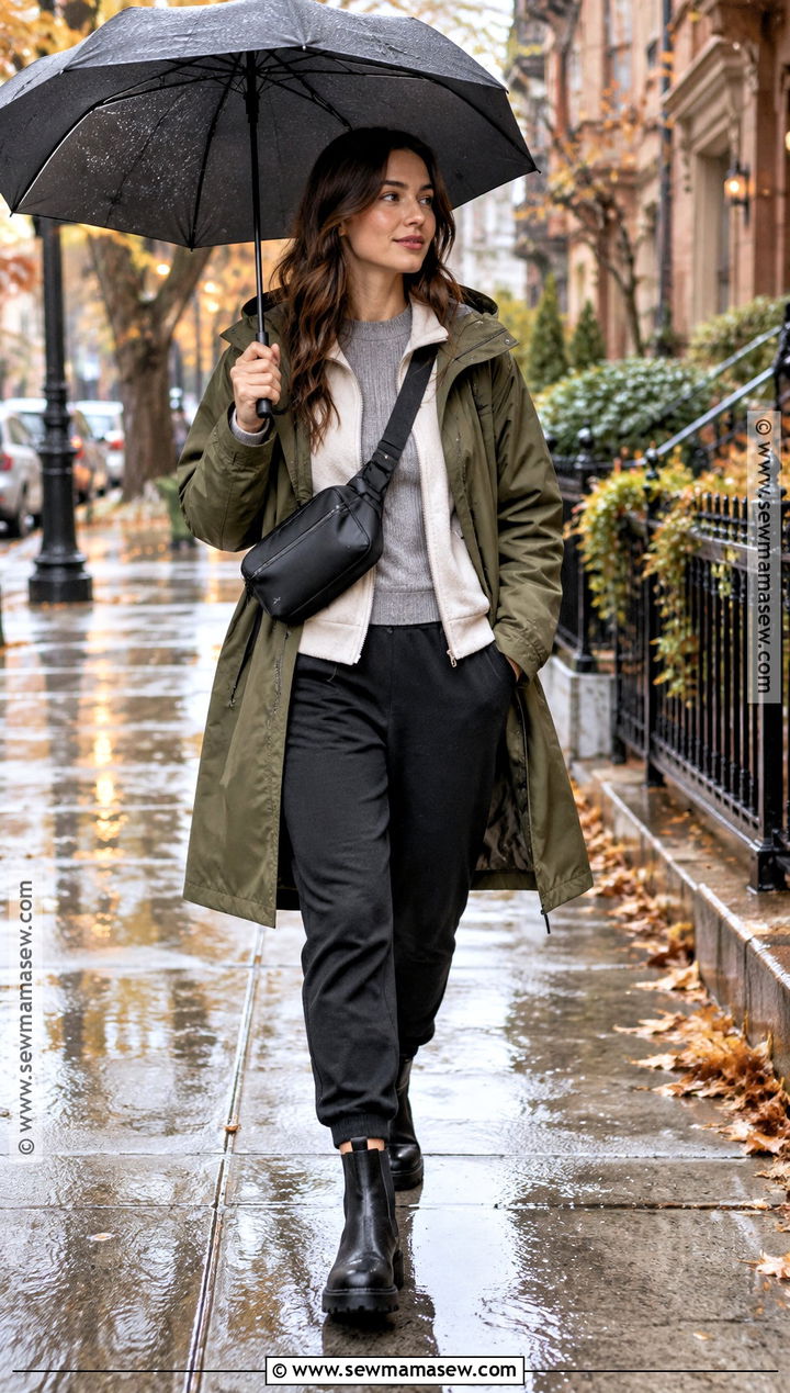 Sweatpants With Raincoat and Waterproof Boots - 25 Fall Outfits Sweatpants
