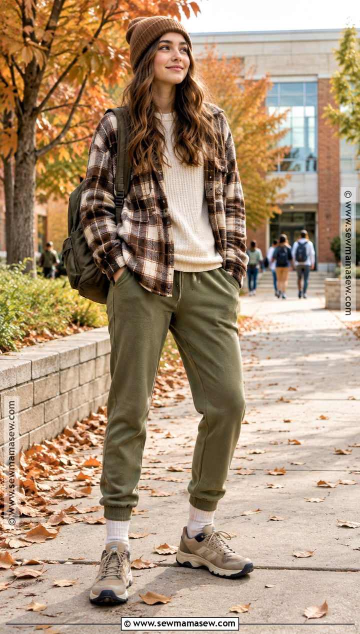 Sweatpants With Thermal Top And Shacket - 15 sweatpants outfit for school fall ideas
