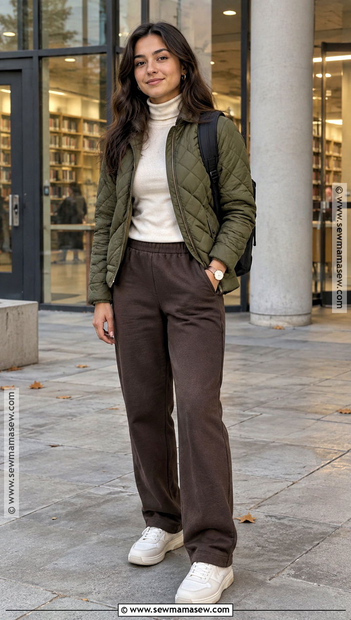 Sweatpants With Turtleneck And Quilted Jacket - 15 sweatpants outfit for school fall ideas