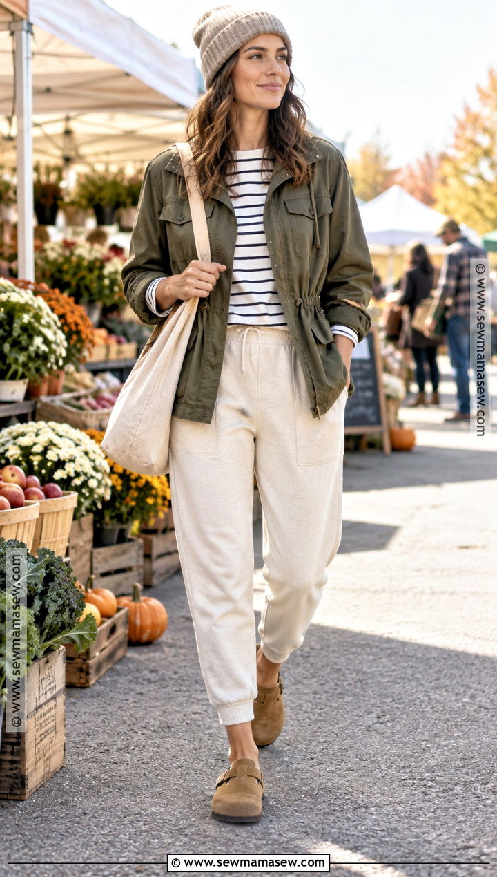 Sweatpants With Utility Jacket and Clogs - 25 Fall Outfits Sweatpants
