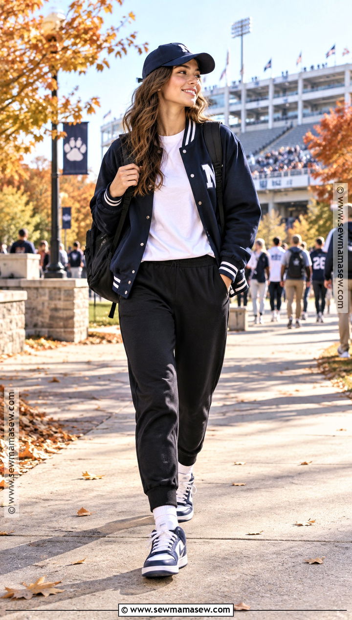 Sweatpants With Varsity Jacket And Baseball Cap - 15 sweatpants outfit for school fall ideas