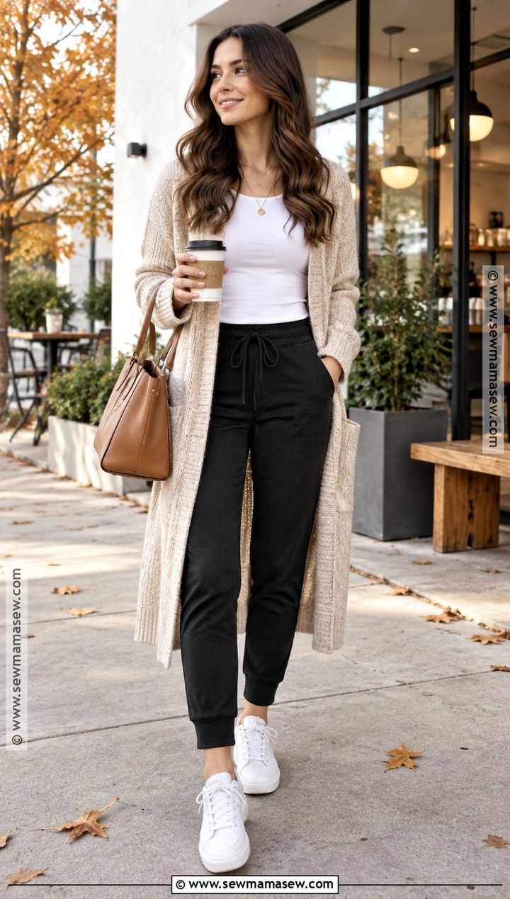 Sweatpants With a Long Cardigan - 15 Cute Fall Sweatpants Outfits