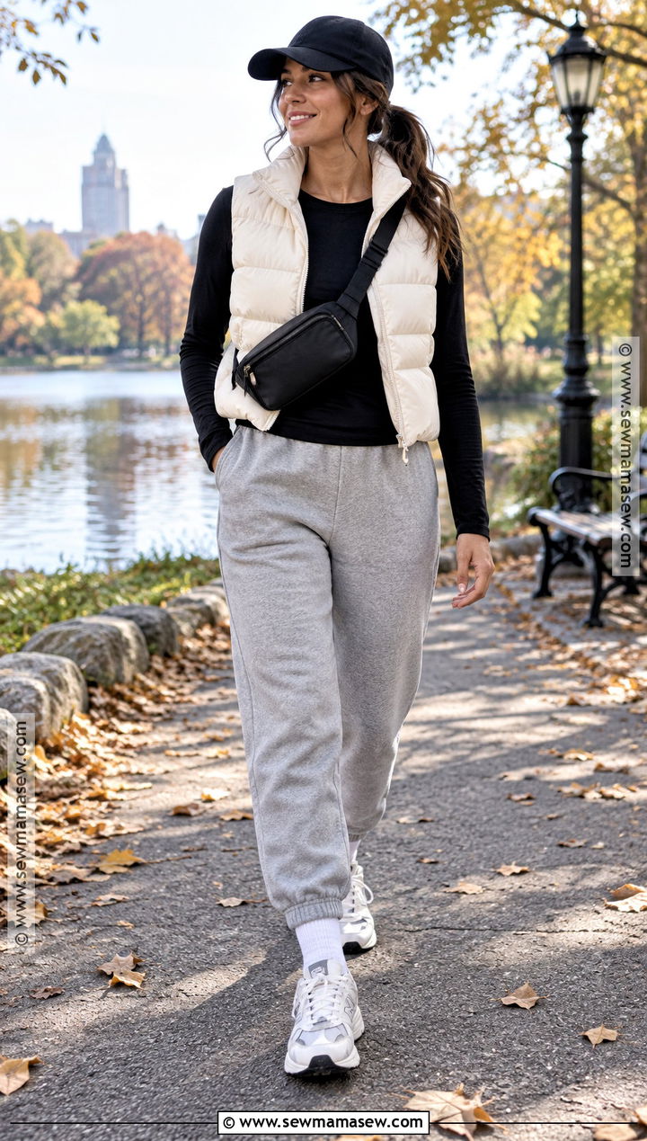 Sweatpants With a Puffer Vest and Sneakers - 15 Cute Fall Sweatpants Outfits