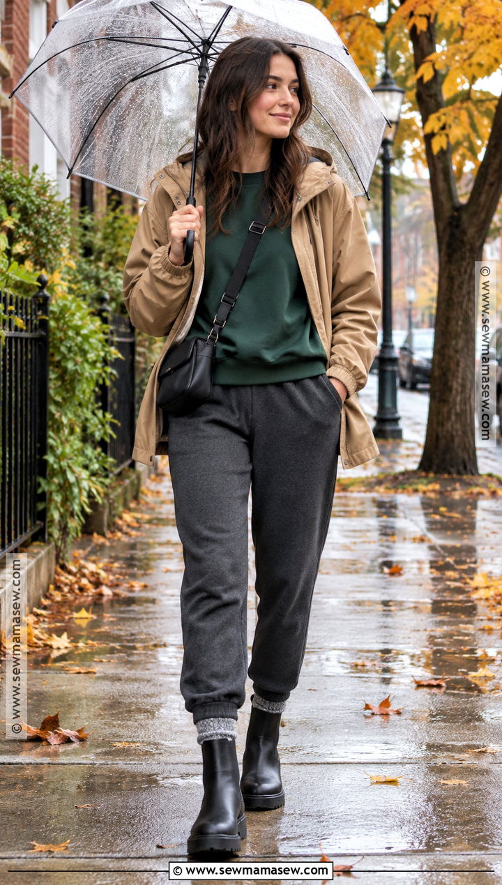 Sweatpants With a Rain Jacket and Boots - 15 Cute Fall Sweatpants Outfits