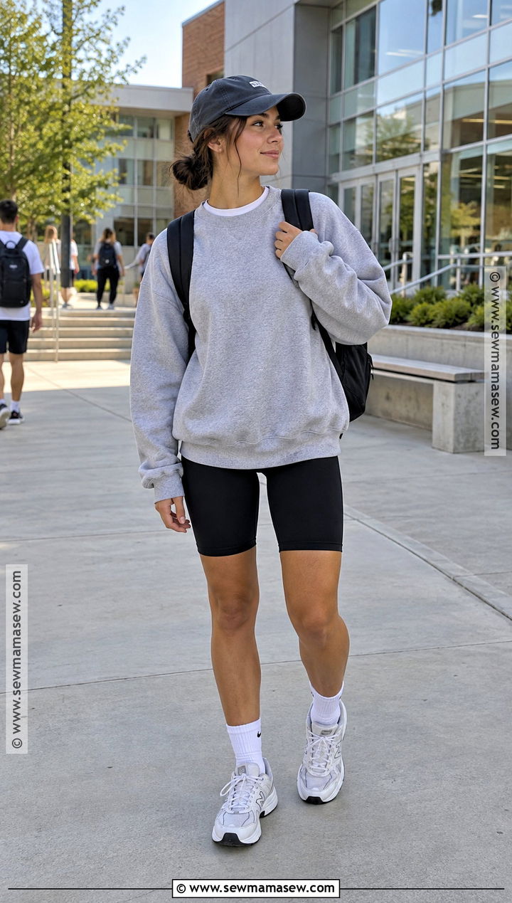 Sweatshirt And Biker Shorts Summer School Outfit - 25 summer back to school outfits