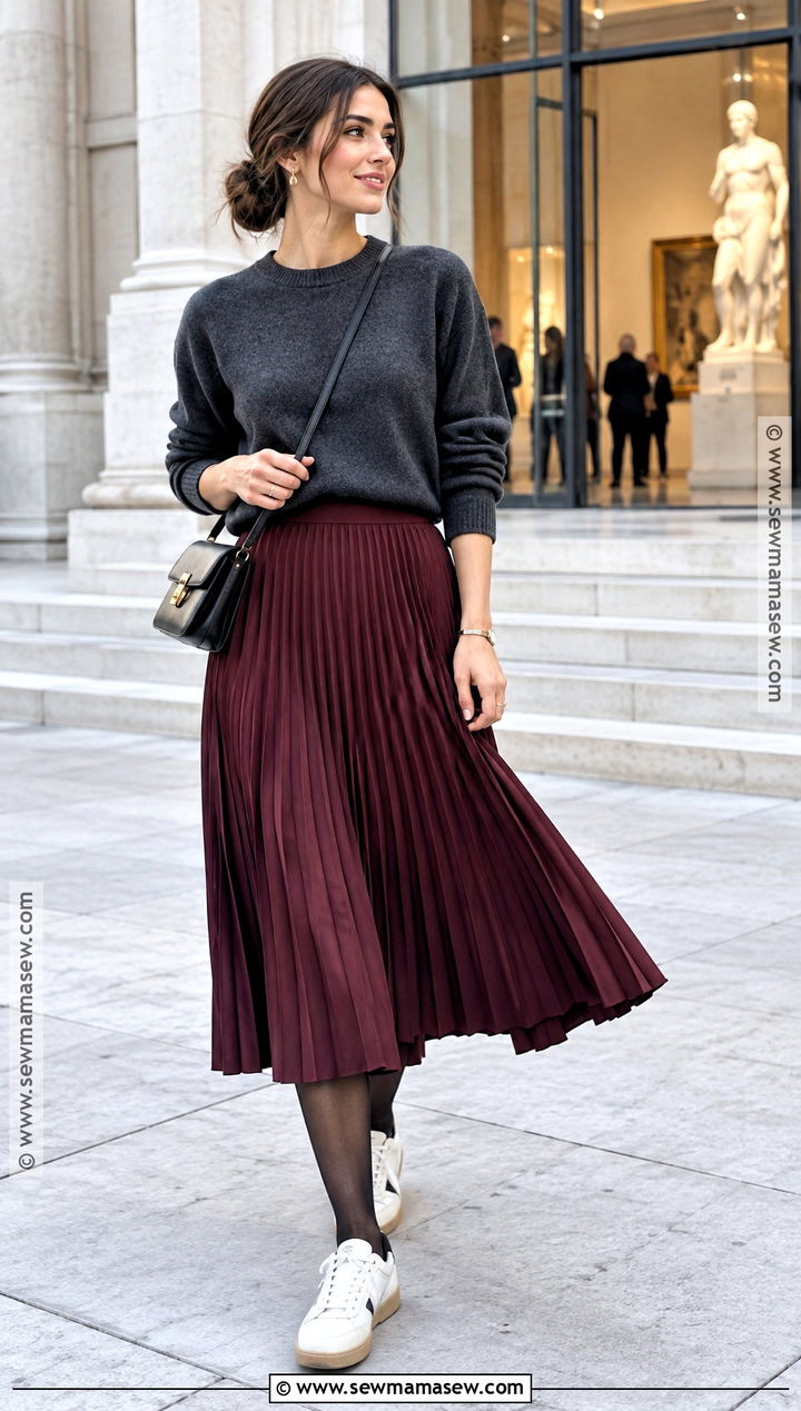 Sweatshirt And Pleated Midi Skirt Fall Outfit - 25 fall chill outfits