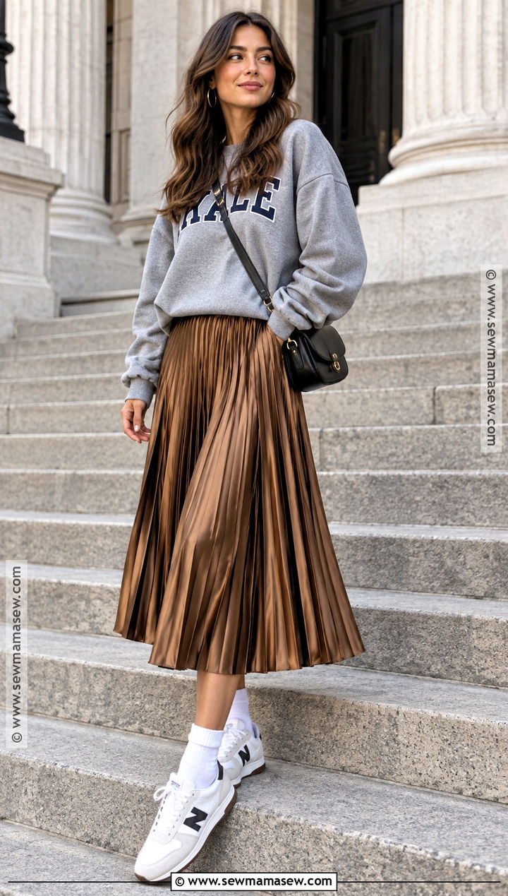 Sweatshirt And Pleated Midi Skirt Fall Outfit - 25 fall fits aesthetic