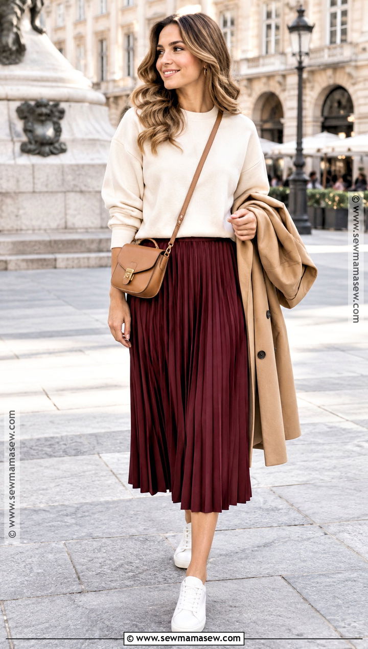 Sweatshirt And Pleated Midi Skirt Fall Outfit - 30 cozy fall outfits