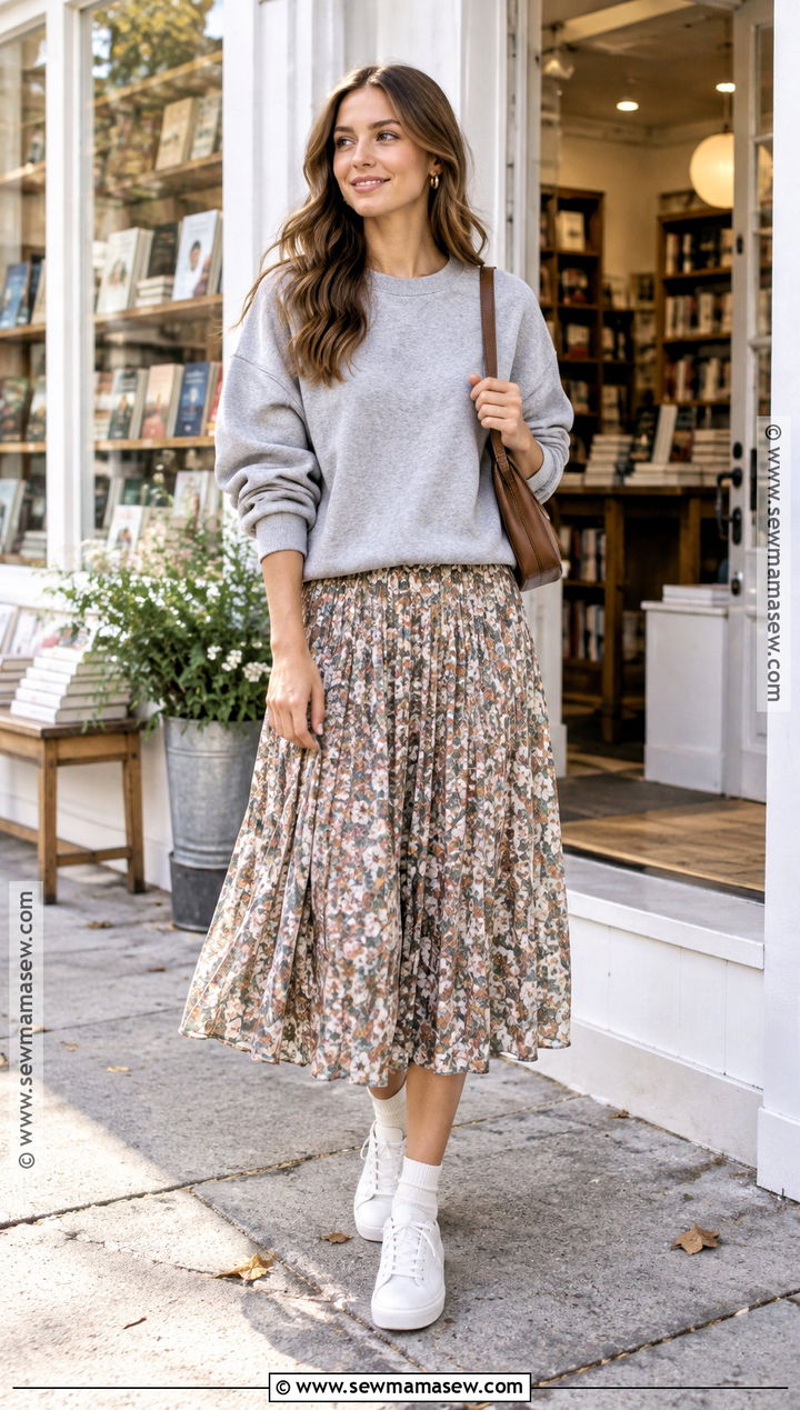 Sweatshirt And Pleated Midi Skirt Fall Outfit - 15 girl next door fall outfits