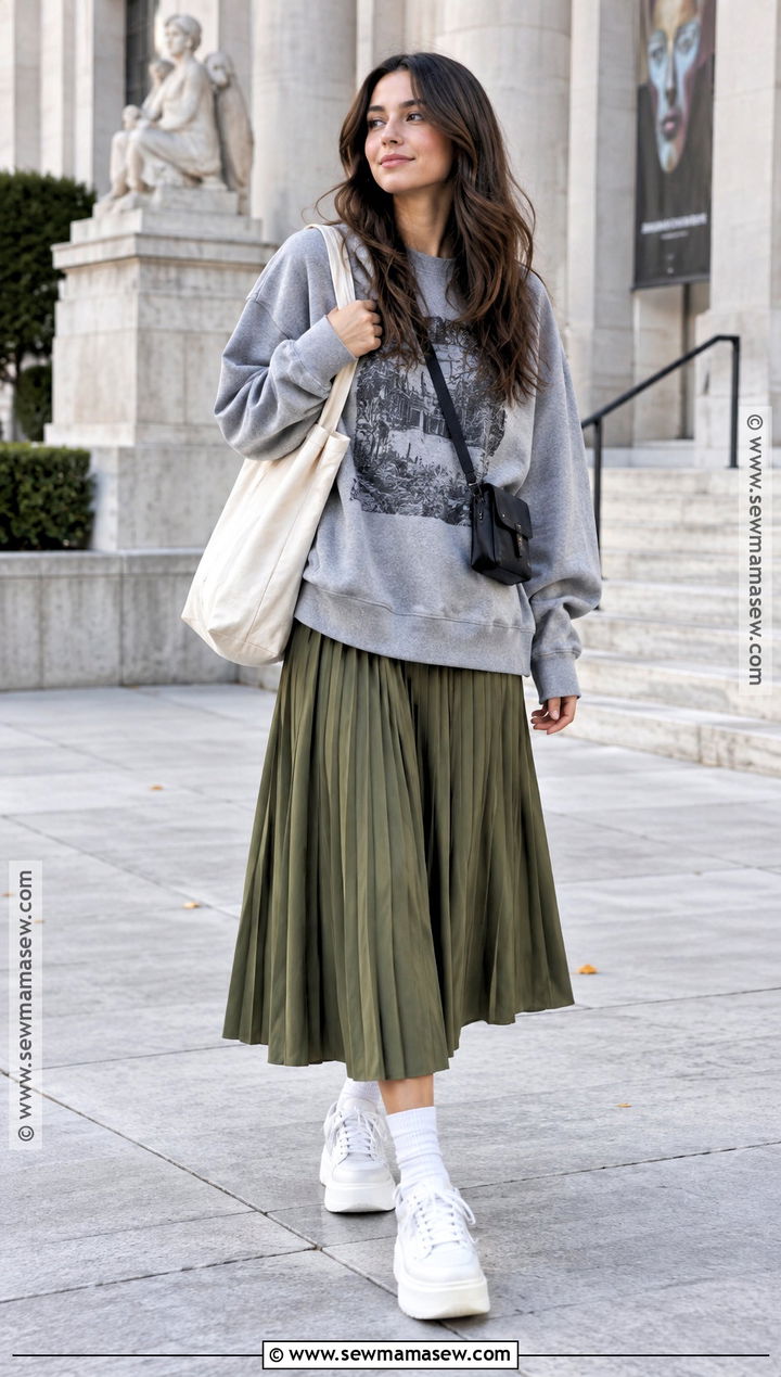 Sweatshirt And Pleated Midi Skirt Fall Streetwear Outfit - 25 fall streetwear outfits
