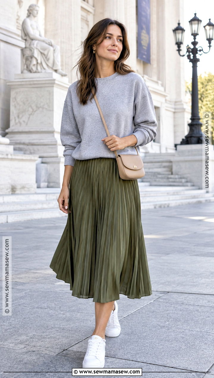Sweatshirt And Pleated Skirt Fall Outfit - 30 casual fall outfits for women