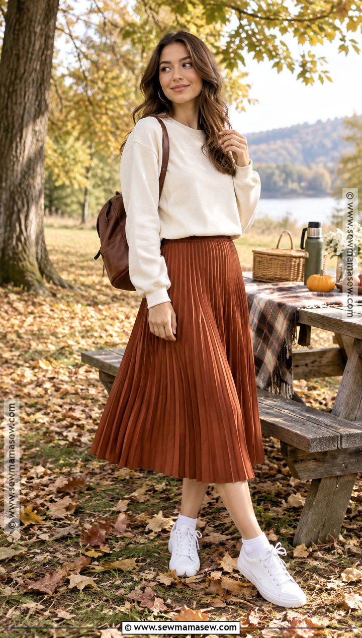 Sweatshirt And Pleated Skirt Picnic Outfit - 25 fall picnic outfit ideas