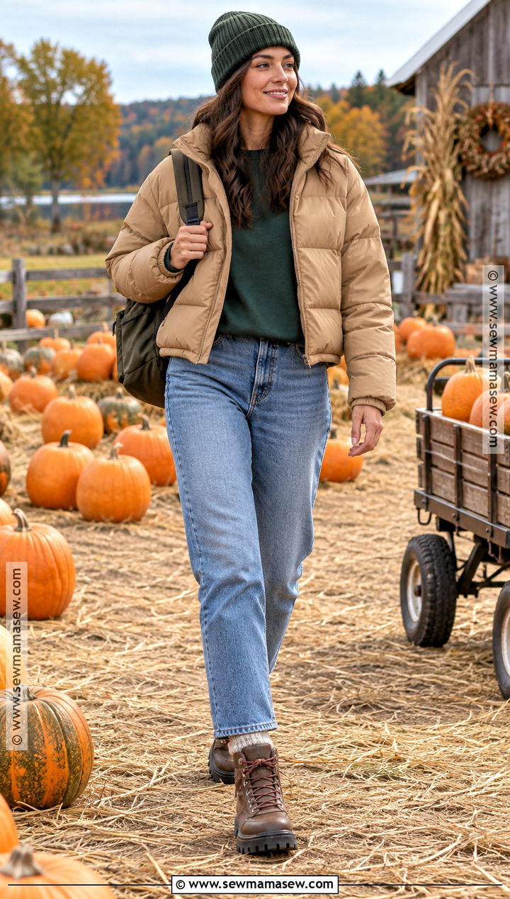 Sweatshirt And Puffer Jacket Pumpkin Patch Outfit - 20 warm pumpkin patch outfit ideas