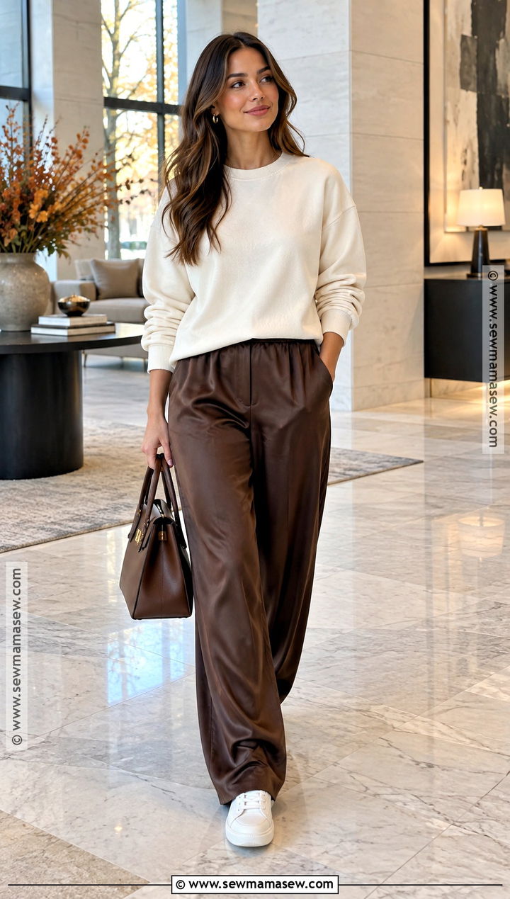 Sweatshirt And Satin Lounge Pants Outfit - 25 fall lounge outfits