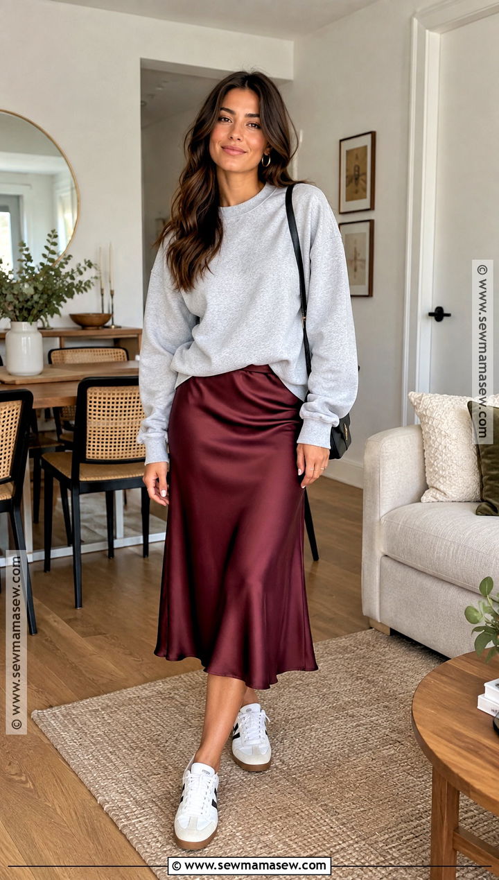Sweatshirt And Satin Skirt Thanksgiving Outfit - 25 casual thanksgiving outfits