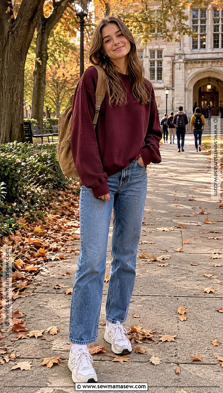 Sweatshirt And Straight Leg Jeans College Outfit - 15 casual fall college outfits
