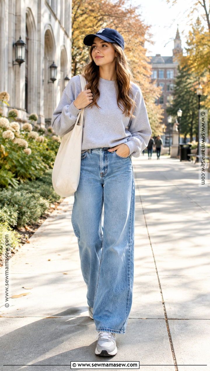 Sweatshirt And Wide Leg Jeans Fall College Outfit - 15 fall outfits 2026 college