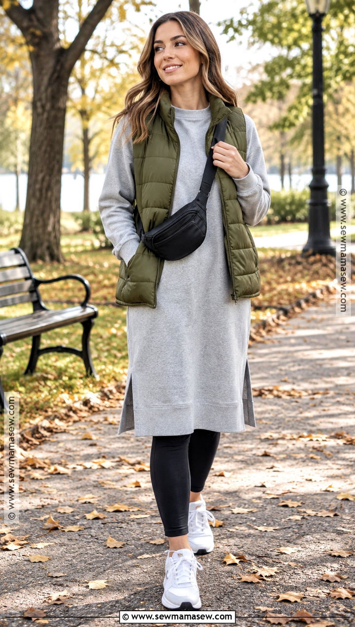 Sweatshirt Dress With Puffer Vest And Sneakers - 25 autumn outfits dress