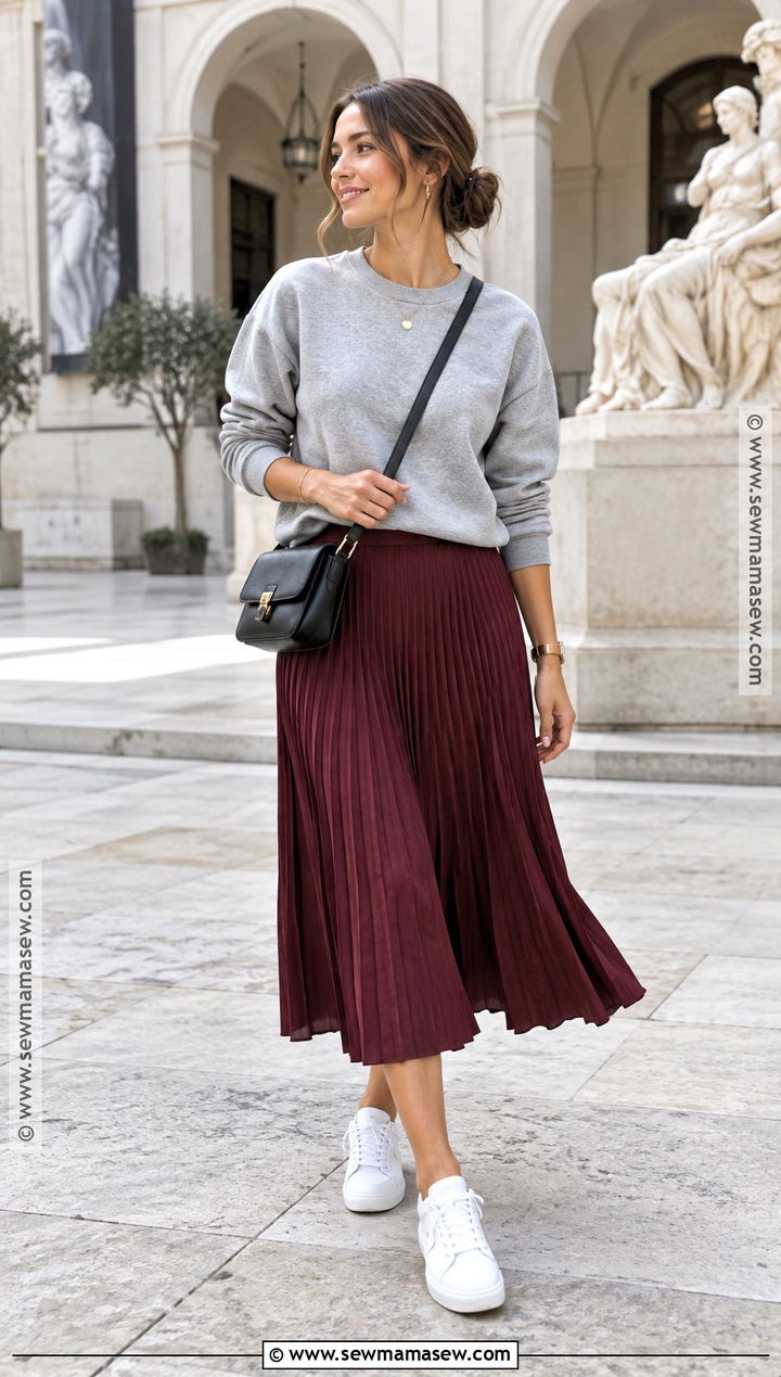 Sweatshirt Fall Outfit With Pleated Midi Skirt - 20 Cozy Fall Fashion Ideas
