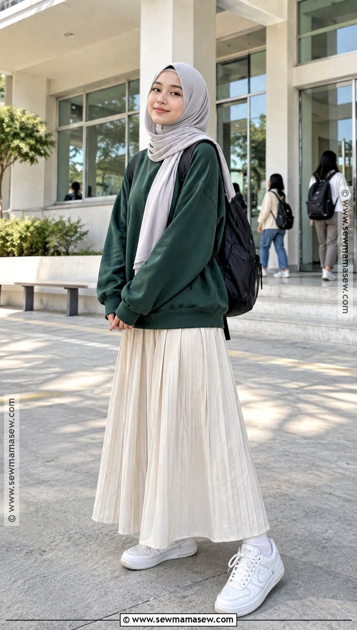 Sweatshirt Hijab Outfit With Pleated Maxi Skirt - 20 back to school hijab outfits