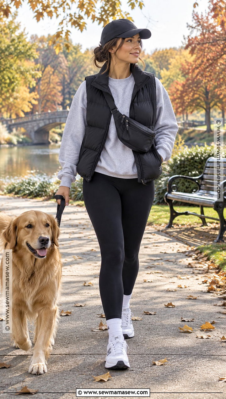 Sweatshirt Leggings and Puffer Vest Fall Outfit - 20 fall outfits basic