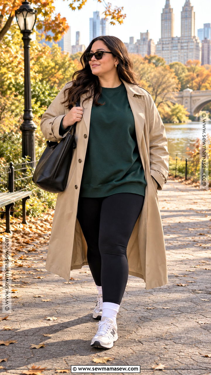 Sweatshirt Long Sleeve Fall Outfit With Leggings And Trench Coat - 20 Long Sleeve Fall Outfits