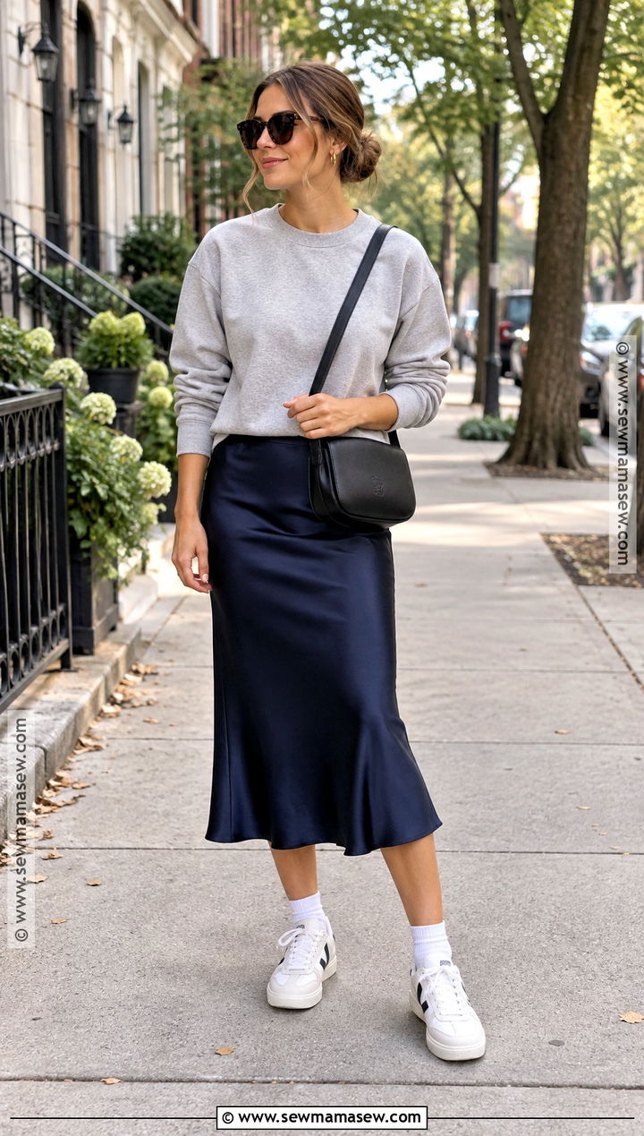 Sweatshirt Midi Skirt And Sneakers Outfit - 25 late summer early fall outfits