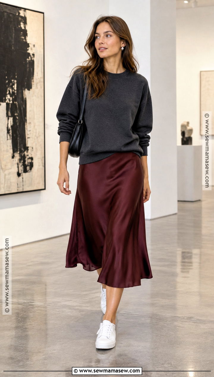 Sweatshirt Satin Skirt and Sneakers Fall Outfit - 20 simple fall fits