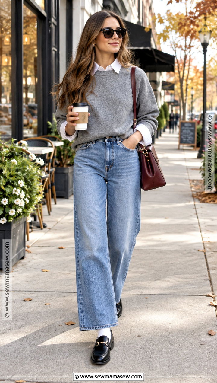 Sweatshirt White Shirt Wide Leg Jeans Fall Outfit - 20 Layered Looks For Fall Outfit Ideas