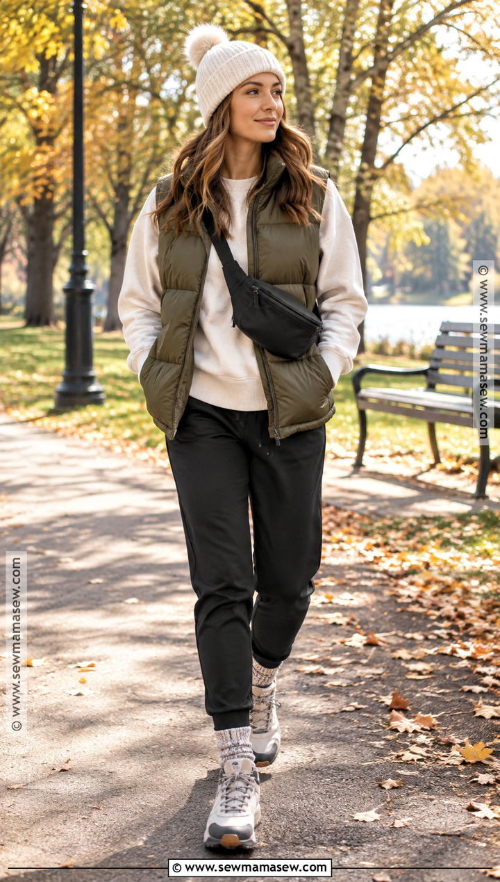 Sweatshirt With Puffer Vest And Joggers - 20 fall sweatshirt outfit ideas